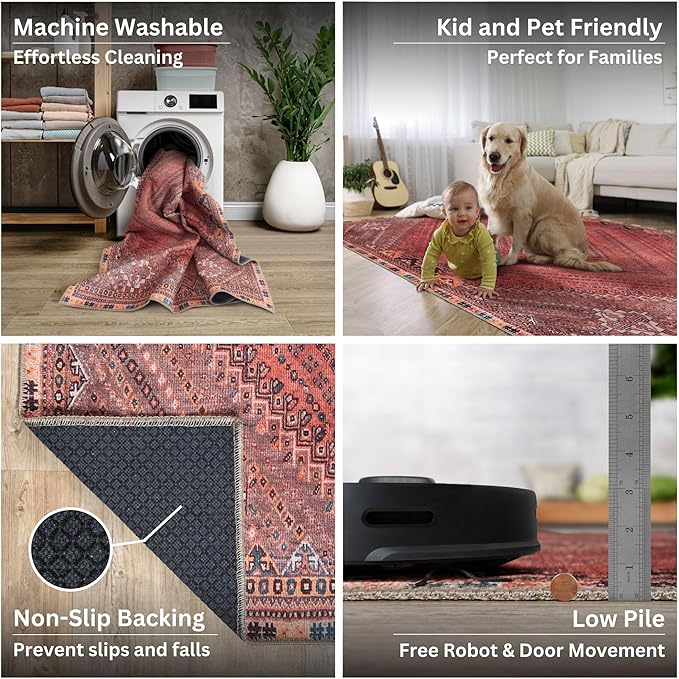 Bloom Rugs Washable Non-Slip 12 ft Runner - Red/Multicolor Traditional Bordered Runner for Entryway, Hallway, Bathroom, and Kitchen - Exact Size: 2.5' x 12'