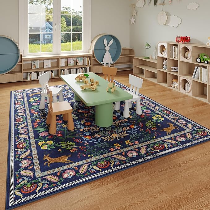 8x10 Area Rugs for Living Room Washable Rug Floral Non-Slip Large Rug for Living Room, Bedroom, Farmhouse, Dining Room, Kids Playroom(Blue)