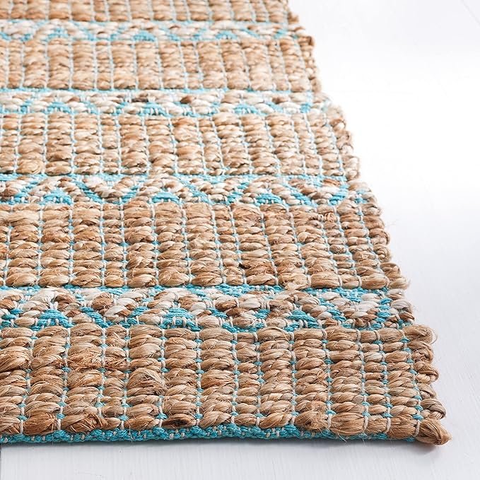 SAFAVIEH Natural Fiber Collection Area Rug - 5' x 8', Teal & Natural, Handmade Flat Weave Stripe Jute & Cotton Jute, Ideal for High Traffic Areas in Living Room, Bedroom (NFB655K)
