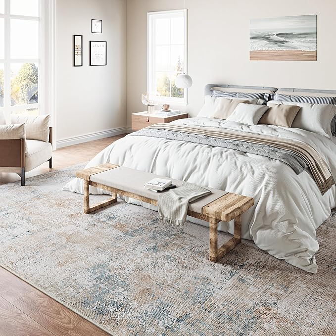 10x14 Washable Area Rug Beige Blue Neutral Abstract Living Room Bedroom Large Throw Rug Non Slip Soft Low Pile Indoor Floor Carpet for Dining Room Kitchen Office Entryway