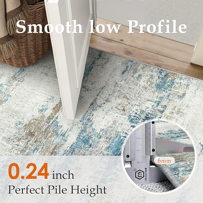 6x9 Area Rug Living Room Bedroom Carpet Washable Abstract Neutral Modern Large Blue Gray Accent Rug Dining Non Slip Low Pile Soft Thin Indoor Office Floor Throw Kitchen Contemporary