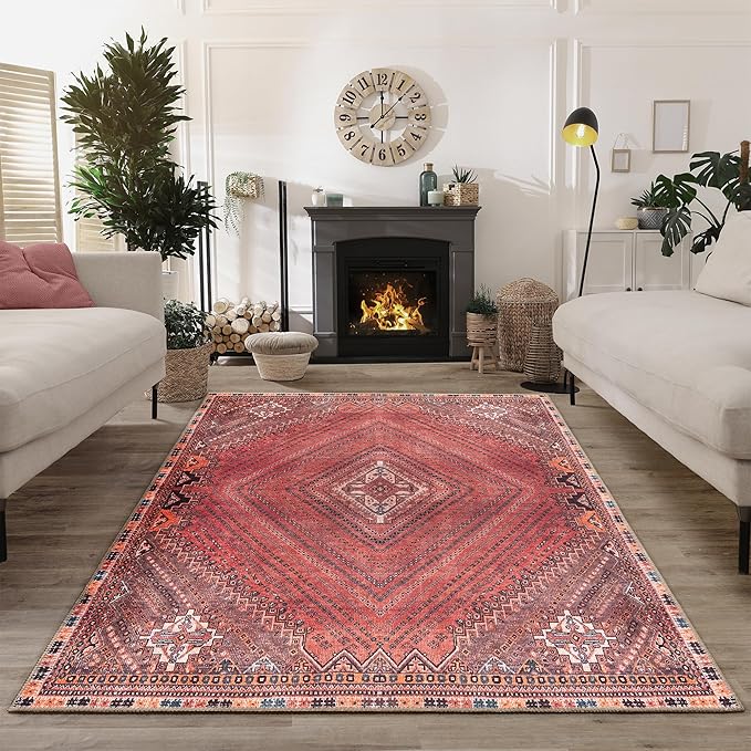 Bloom Rugs Washable Non-Slip 6' x 9' Rug - Red/Multicolor Traditional Bordered Area Rug for Living Room, Bedroom, Dining Room, and Kitchen - Exact Size: 6' x 9'