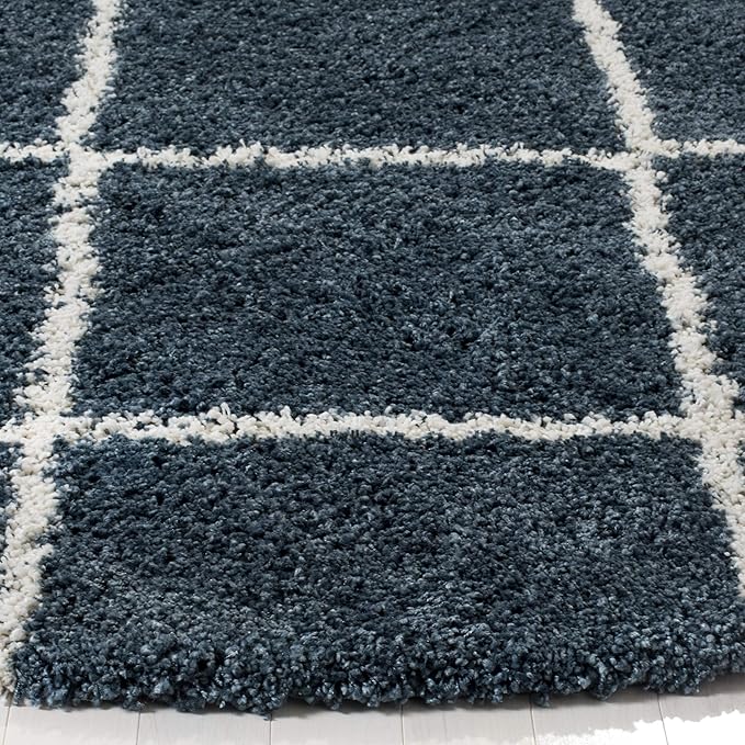 SAFAVIEH Hudson Shag Collection 7' Round Slate Blue/Ivory SGH281L Modern Diamond Trellis Non-Shedding Living Room Bedroom Dining Room Entryway Plush 2-inch Thick Area Rug