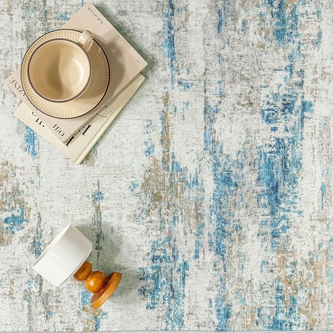 5x7 Area Rug Living Room Bedroom Carpet Washable Abstract Neutral Modern Blue Gray Accent Rug Dining Non Slip Low Pile Soft Thin Indoor Office Floor Throw Kitchen Contemporary