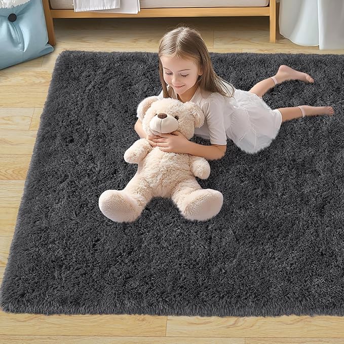 8x10 Rug for Living Room, Fuzzy Plush Large Area Rug, Fluffy Modern Shag Non Slip Soft Furry Carpet for Bedroom Kids Room Nursery Teens Dorm Home Decor, Charcoal Grey