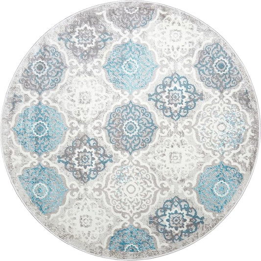 Home Dynamix Boho Celeste Transitional Damask Area Rug, Grey/Blue, 5'2" Round