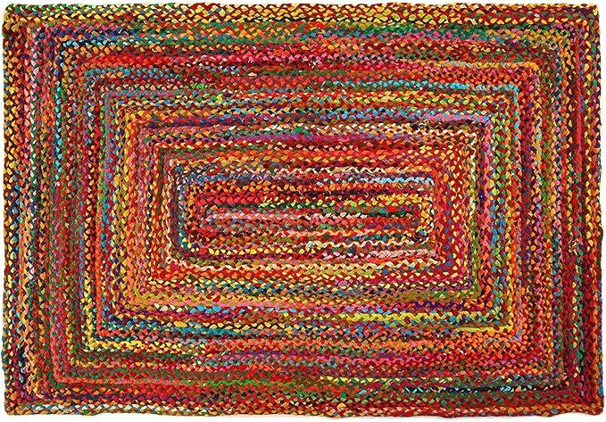 GRUHUM 8x10ft Jute Area Rug Natural Fibre Handmade Boho Farmhouse Soft Braided Chindi Rustic Vintage Rug for Indoor Kitchen Bedroom Living Room Hallways Enterways 8x10 feet Multicolor