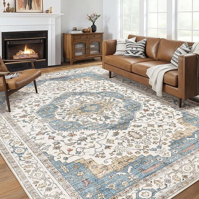 Area Rug for Living Room - 8x10 Soft Washable Oriental Vintage Floral Distressed Large Carpet - Fade Stain Resistant Non Slip Rugs for Bedroom Dining Room Nursery Dorm Office Home Decor - Blue/Beige