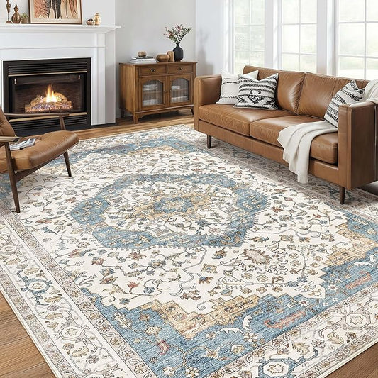 Area Rug for Living Room - 9x12 Soft Washable Oriental Vintage Floral Distressed Large Carpet - Fade Stain Resistant Non Slip Rugs for Bedroom Dining Room Nursery Dorm Office Home Decor - Blue/Beige