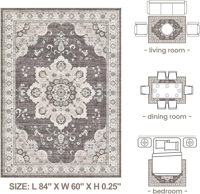 Area Rug for Living Room - 5x7 Soft Washable Oriental Vintage Floral Distressed Large Carpet - Fade Stain Resistant Non Slip Rugs for Bedroom Dining Room Nursery Dorm Office Home Decor - Brown/Grey