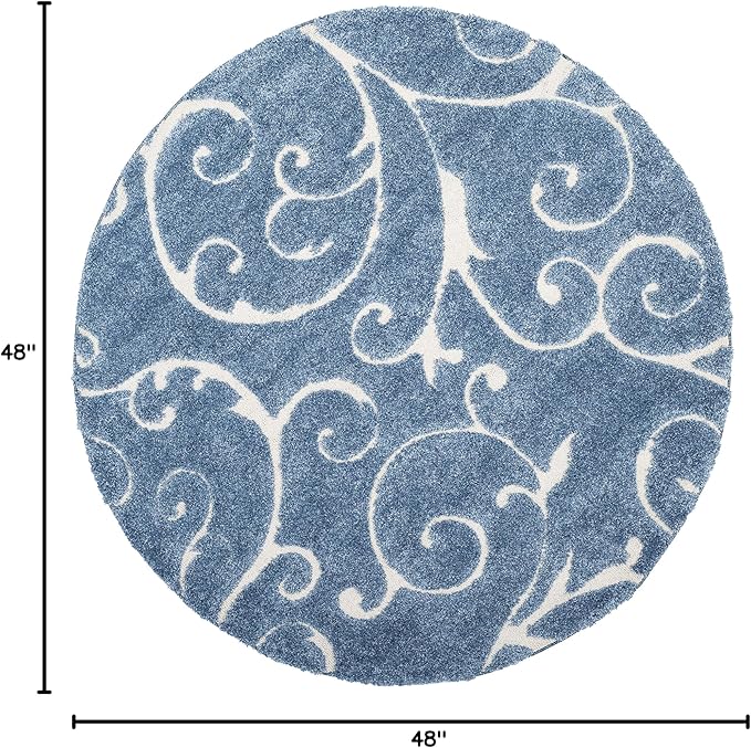 SAFAVIEH Florida Shag Collection 4' Round Light Blue/Cream SG455 Scrolling Vine Graceful Swirl Textured Non-Shedding Living Room Bedroom Dining Room Entryway Plush 1.2-inch Thick Area Rug