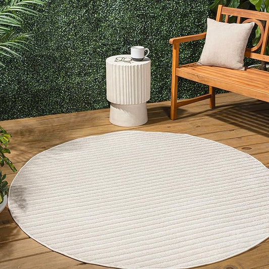 JONATHAN Y Aarhus High-Low Striped Ivory/Cream 7' Round Indoor/Outdoor Area Rug, Minimalist Geometric, Pet Friendly, Non-Shedding, Stain Resistant, Easy-Cleaning for Backyard, Patio (SCN102B-7R)
