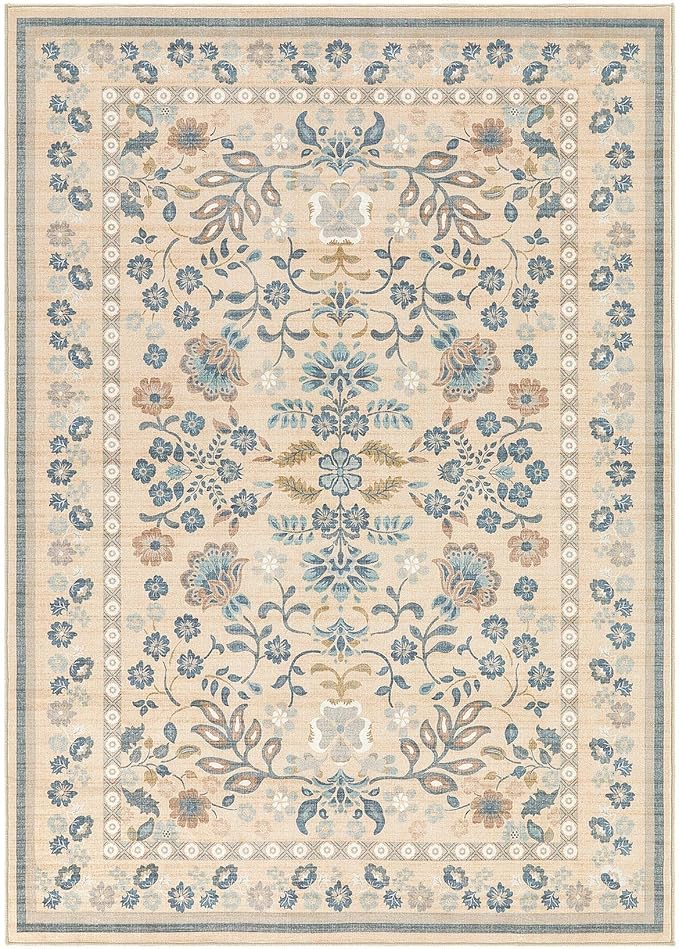5x7 Area Rug Living Room Rugs Thickened - Washable Boho Vintage Floral Large Soft Non Slip Thin Rug Low Pile Carpet for Bedroom Dining Room Kids Playroom Office Decor Indoor- Multi Color