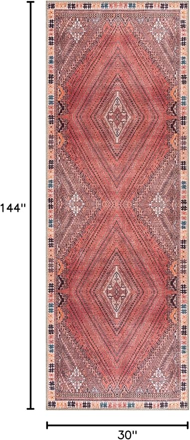 Bloom Rugs Washable Non-Slip 12 ft Runner - Red/Multicolor Traditional Bordered Runner for Entryway, Hallway, Bathroom, and Kitchen - Exact Size: 2.5' x 12'