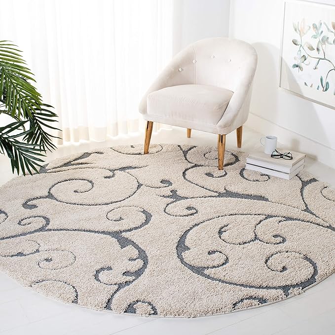 SAFAVIEH Florida Shag Collection 4' Round Beige/Blue Grey SG455 Scrolling Vine Graceful Swirl Textured Non-Shedding Living Room Bedroom Dining Room Entryway Plush 1.2-inch Thick Area Rug
