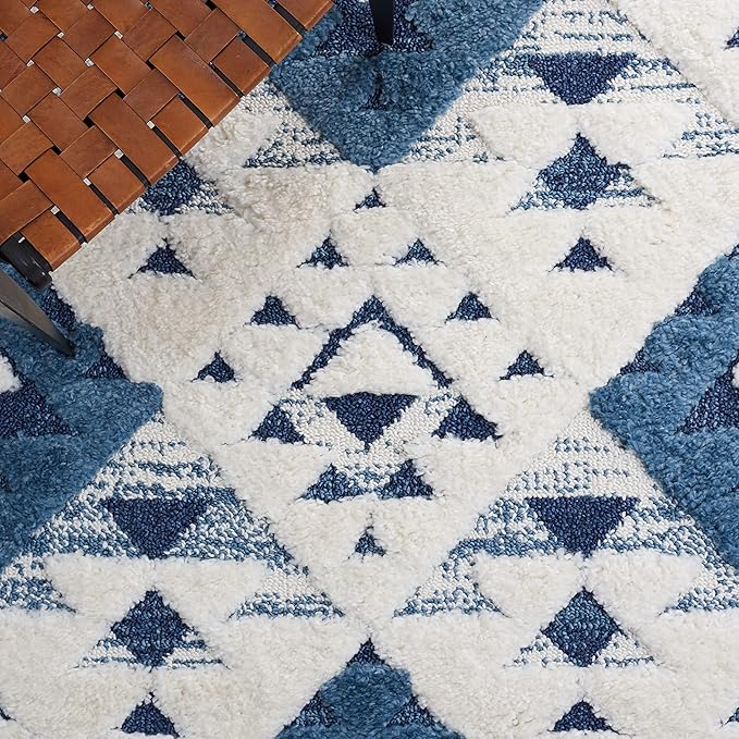 SAFAVIEH Area Rug 8x10 - Moroccan Tassel Shag Collection - Large - Blue & Ivory, Boho Design, Non-Shedding & Easy Cleaning, Plush Pile, Ideal for Living Room, Bedroom, Dining Space (MTS688M)