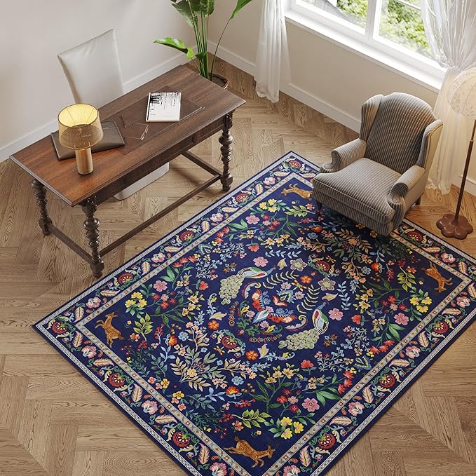 3x5 Rug Washable Area Rug Floral Office Rug Non Slip Small Carpet for Bedroom, Bedside, Kitchen, Entryway, Kids Room, Office(Blue)
