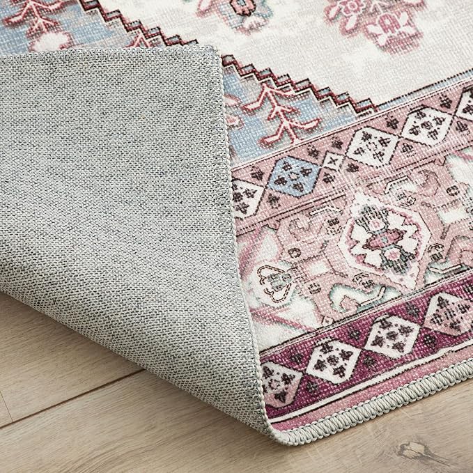 Rineflo-4'x6' Area Rugs,Machine Washable Rug for Living Room Dinner Room Bedroom,Bohemian Style Soft Non Slip Rug Carpet,Oriental Vintage Low Pile Large Area Rug (Pink, 4'x6')
