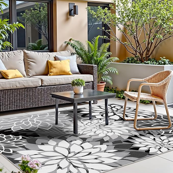 Indoor Outdoor Area Rug Washable Multicolored Rug Tropical Botanical Modern Floral Indoor Outdoor Carpet Black White Rug Non Slip Non Shedding for Patio, Deck, Backyard, Porch (8x10)