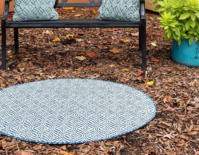 Unique Loom Outdoor Trellis Collection Area Rug - Deco Trellis (4' 1" Round, Blue/ Ivory)