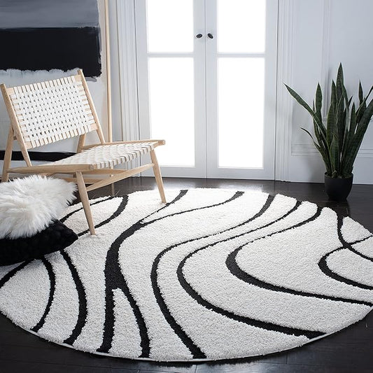 SAFAVIEH Florida Shag Collection 4' Round Ivory / Black SG471 Abstract Wave Non-Shedding Living Room Bedroom Dining Room Entryway Plush 1.2-inch Thick Area Rug