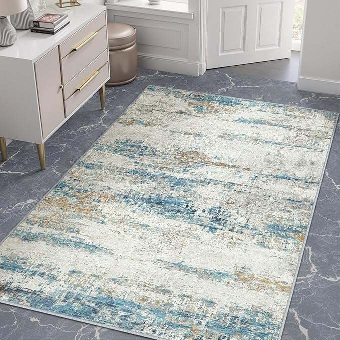 3x5 Area Rug Entrance Office Washable Abstract Neutral Modern Small Blue Gray Kitchen Carpet Entry Non Slip Low Pile Soft Thin Indoor Door Mat Throw Rug Entryway Dorm Bathroom Bedroom