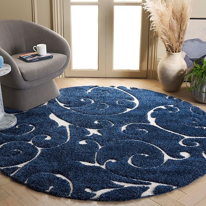 SAFAVIEH Florida Shag Collection 9' Round Dark Blue/Cream SG455 Scrolling Vine Graceful Swirl Textured Non-Shedding Living Room Bedroom Dining Room Entryway Plush 1.2-inch Thick Area Rug