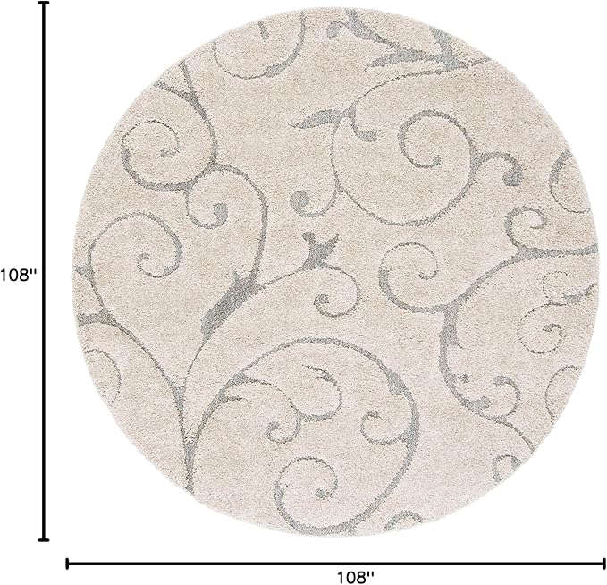 SAFAVIEH Florida Shag Collection Area Rug - 9' Round, Beige & Blue Grey, Scroll Design, Non-Shedding & Easy Care, 1.2-inch Thick Ideal for High Traffic Areas in Living Room, Bedroom (SG455-1155)