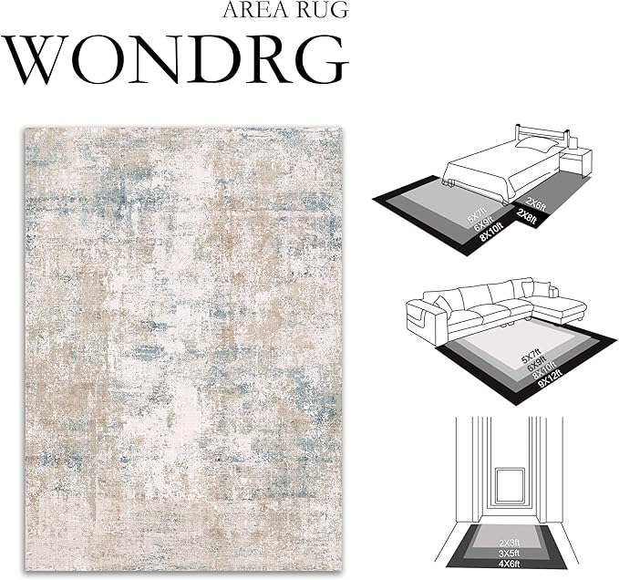 8x10 Washable Area Rug Beige Blue Neutral Abstract Living Room Bedroom Large Throw Rug Non Slip Soft Low Pile Indoor Floor Carpet for Dining Room Kitchen Office Entryway