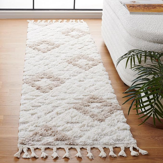 SAFAVIEH Moroccan Tassel Shag Collection Runner Rug - 2'3" x 8', Ivory & Beige, Plush 2-inch Thick, Ideal for High Traffic Areas in Living Room, Bedroom, Dining Room (MTS688B-28)