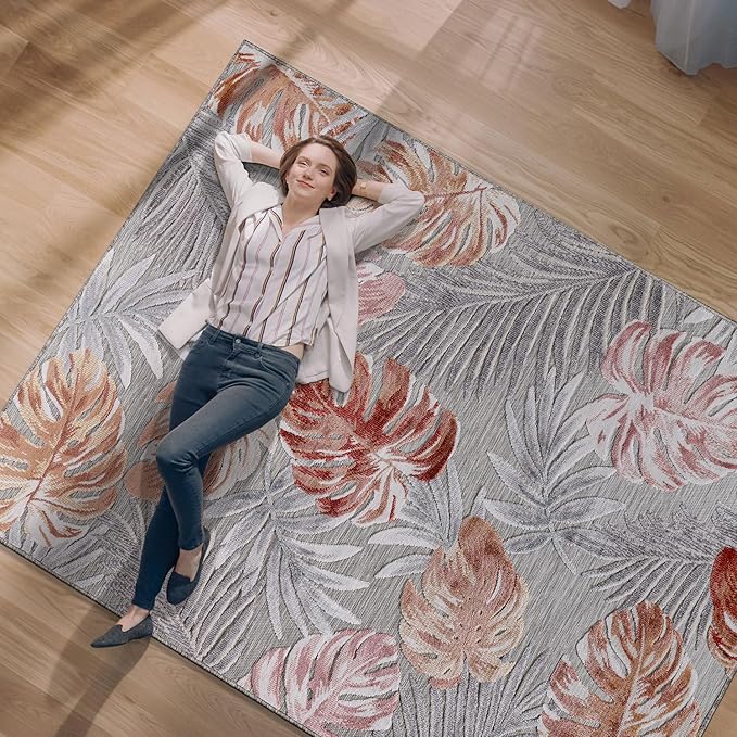 CAMILSON Indoor Outdoor Rug, Multi Color 6?셹9??Leaf Tropical Botanical Area Rugs for Indoor and Outdoor patios, Easy-Cleaning Non-Shedding Living Room, Garden and Kitchen Washable Outside Carpet (6x9)