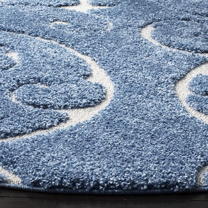 SAFAVIEH Florida Shag Collection 5' Round Light Blue/Cream SG455 Scrolling Vine Graceful Swirl Textured Non-Shedding Living Room Bedroom Dining Room Entryway Plush 1.2-inch Thick Area Rug