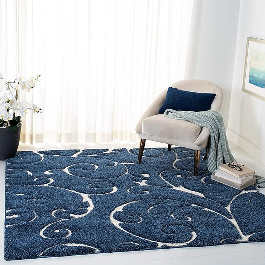 SAFAVIEH Florida Shag Collection Area Rug - 9' Square, Dark Blue & Cream, Scroll Design, Non-Shedding & Easy Care, 1.2-inch Thick Ideal for High Traffic Areas in Living Room, Bedroom (SG455-6511)