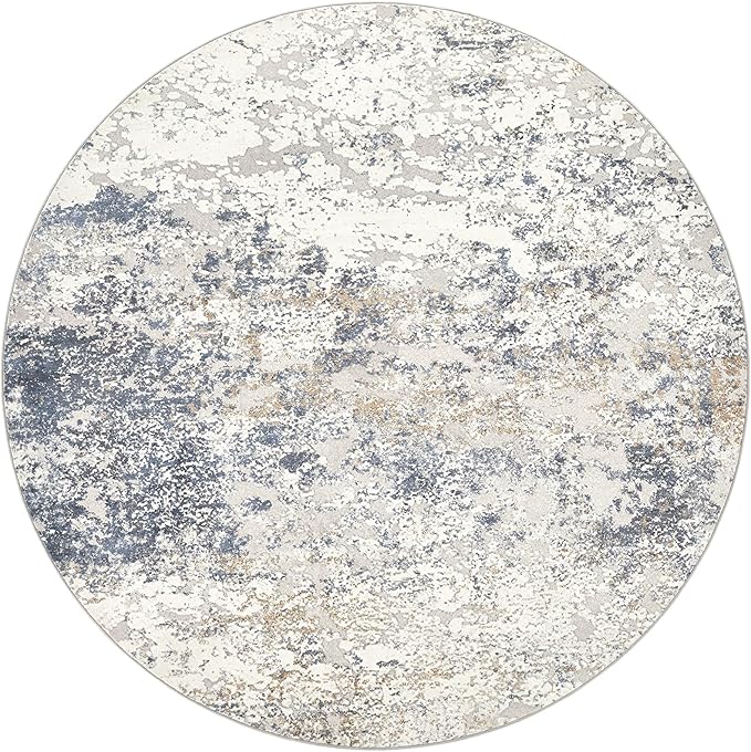 4ft Round Area Rug Living Room Rugs - 4x4 Washable Large Soft Indoor Neutral Modern Abstract Low Pile Rug Carpet for Bedroom Dining Room Farmhouse Home Office - Beige Blue