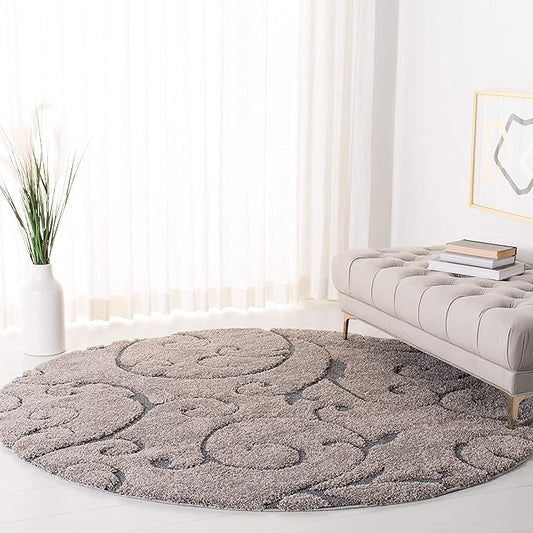 SAFAVIEH Florida Shag Collection 4' Round Grey/Light Blue SG455 Scrolling Vine Graceful Swirl Textured Non-Shedding Living Room Bedroom Dining Room Entryway Plush 1.2-inch Thick Area Rug