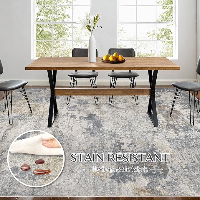 Abstract Living Room Rug 7x9 - Modern Washable Soft Thin Area Rug for Living Room Bedroom Under Dining Table - Neutral Indoor Floor Rug Carpets for Home Office Playroom Nursery - Blue Gold