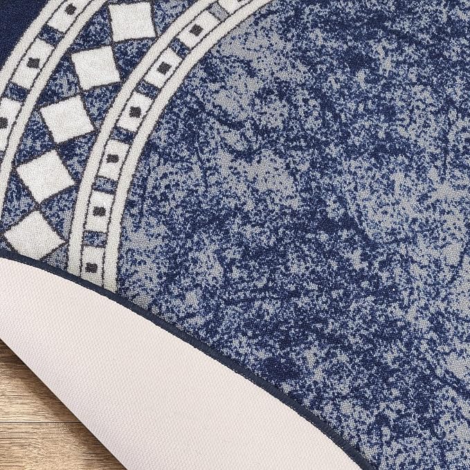 Antep Rugs Alfombras Modern Bordered 2x5 Non-Skid (Non-Slip) Low Profile Pile Rubber Backing Kitchen Area Rugs (Navy Blue, 2' x 5' Oval)