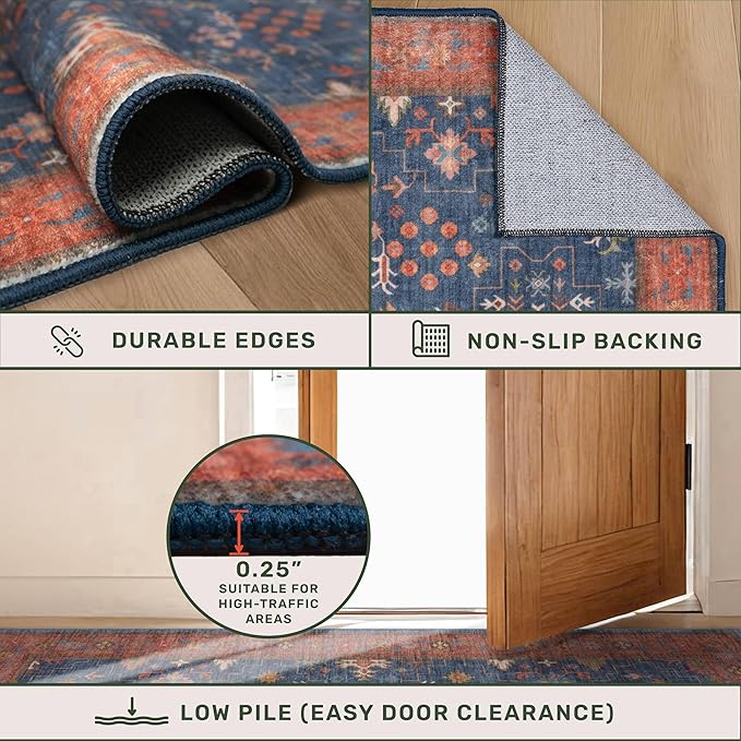 6x9 Dining Room Rugs for Under Table - Washable Area Rug for Living Room, Low Pile Non-Slip Rugs for Bedroom - Navy Blue & Terracotta Vintage Boho Eclectic Home Decor