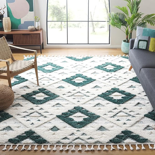 Safavieh Area Rug 8x10 - Moroccan Tassel Shag Collection - Large - Green & Ivory, Boho Design, Non-Shedding & Easy Cleaning, Plush Pile, Ideal for Living Room, Bedroom, Dining Space (MTS688Y)