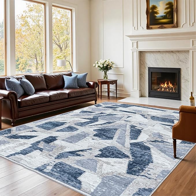 8X10 Area Rugs for Living Room Bedroom,Modern Abstract Large Carpet Washable Rugs 8x10 for Dining Room Office,Non Slip Blue Print Faux Wool Thin 8 by 10 Indoor Nursery Kids Home Pet & Child Friendly