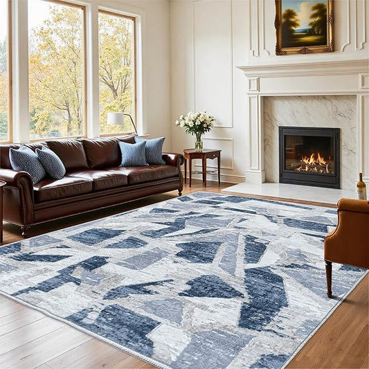 8X10 Area Rugs for Living Room Bedroom,Modern Abstract Large Carpet Washable Rugs 8x10 for Dining Room Office,Non Slip Blue Print Faux Wool Thin 8 by 10 Indoor Nursery Kids Home Pet & Child Friendly