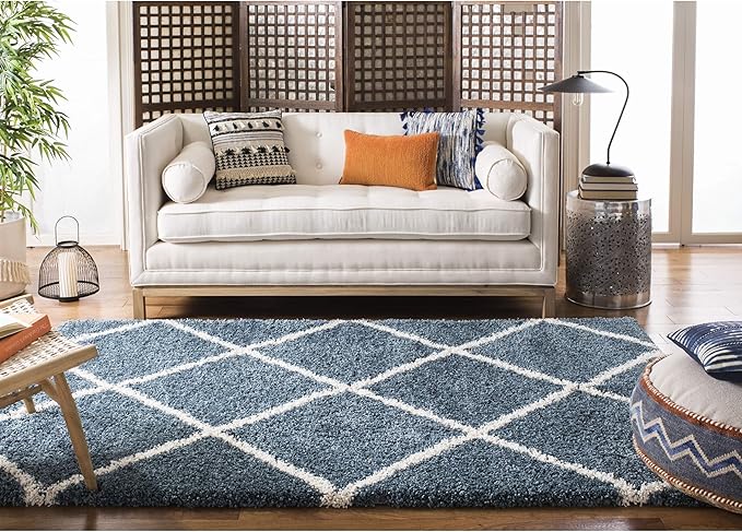 SAFAVIEH Hudson Shag Collection Area Rug - 9' x 12', Slate Blue & Ivory, Modern Trellis Design, Non-Shedding & Easy Care, 2-inch Thick Ideal for High Traffic Areas in Living Room, Bedroom (SGH281L)