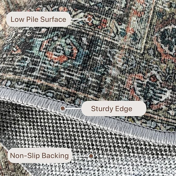 2X5 Area Rugs Machine Washable Rugs for Living Room, Vintage Boho Large Rugs for Bedroom Dining Room, Non Slip Indoor Soft Distressed Lightweight Thin Low Pile Carpet, Vintage Sunset