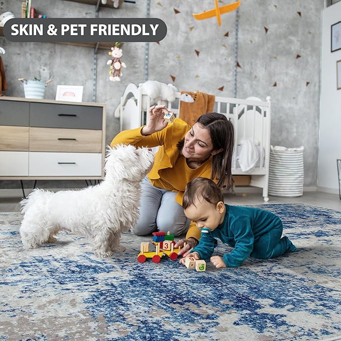 4x6 Area Rugs for Living Room Rug Washable: Abstract Rug for Dining Room Bedroom Carpet Non Slip 4 by 6 Indoor Modern Nursery Home Office Blue Grey White