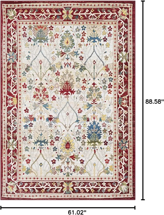 Hauteloom Goff Boho Floral Living Room Bedroom Multicolor Area Rug - Floral - Bohemian Vintage Look - Oriental Turkish Pattern - White, Beige, Yellow, Red - 5'1" x 7'5"