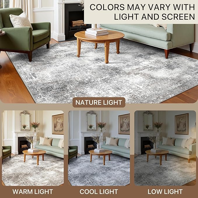 GENIMO Washable Area Rugs for Living Room, 10x12 Modern Non Slip Rugs, Low Pile Lightweight Soft Print Rug for Bedroom, Dining Room, Home Office, Grey