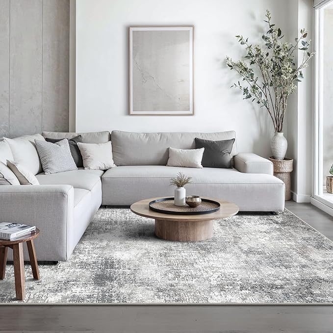GENIMO Washable Area Rugs for Living Room, 9x12 Modern Non Slip Rugs, Low Pile Lightweight Soft Print Rug for Bedroom, Dining Room, Home Office, Grey