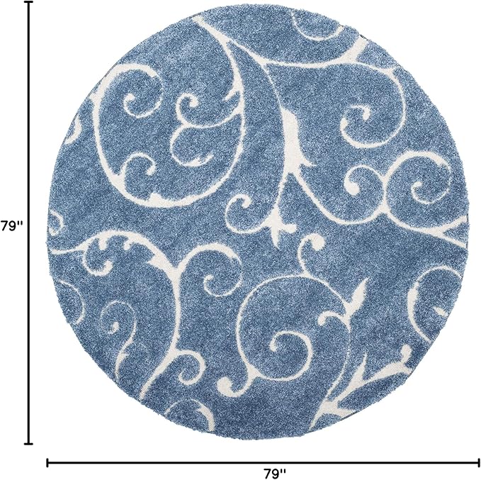 SAFAVIEH Florida Shag Collection 6'7" Round Light Blue/Cream SG455 Scrolling Vine Graceful Swirl Textured Non-Shedding Living Room Bedroom Dining Room Entryway Plush 1.2-inch Thick Area Rug
