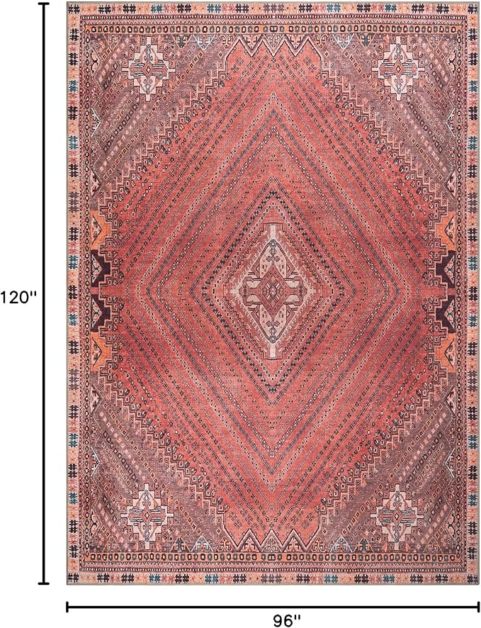 Bloom Rugs Washable Non-Slip 8' x 10' Rug - Red/Multicolor Traditional Bordered Area Rug for Living Room, Bedroom, Dining Room, and Kitchen - Exact Size: 8' x 10'