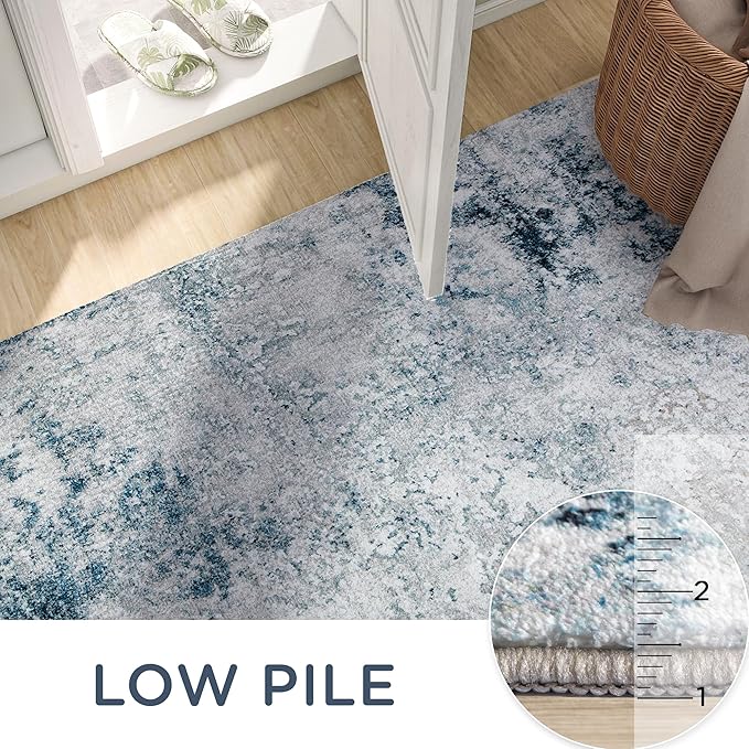 8x10 Washable Area Rug for Living Room, Non-Slip Soft Modern Abstract Large Carpet, Low Pile Neutral Rugs for Bedroom, Dining Room, Home Office, Dorm, Indoor Decor, Navy Blue